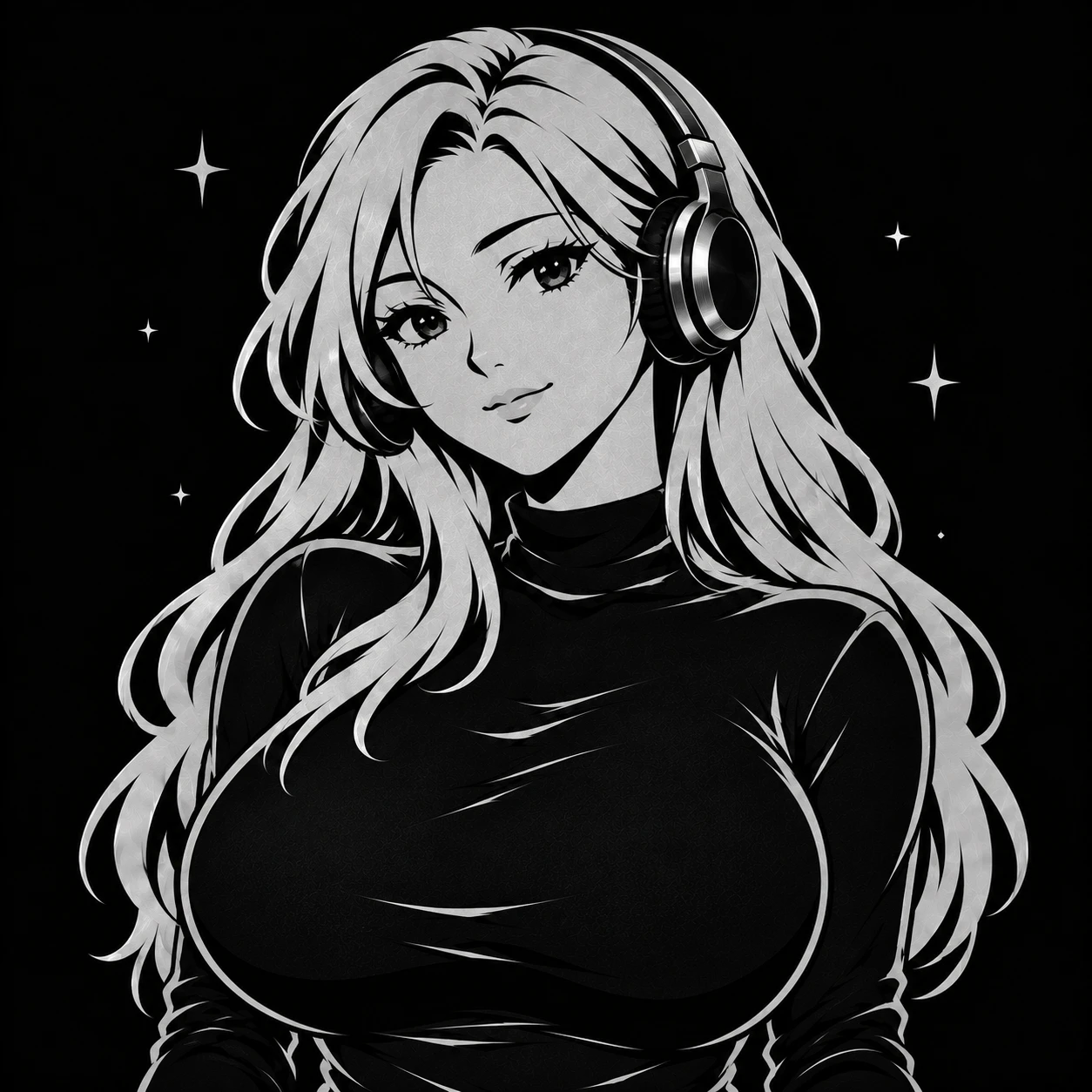 The TITS character wearing headphones beneath silver stars