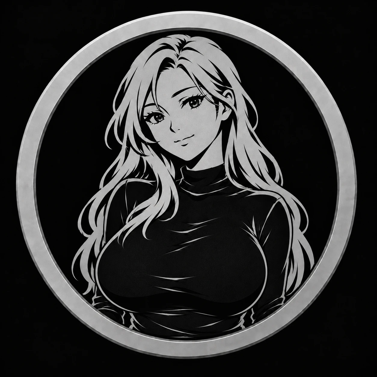 Silver anime portrait in a metallic circular frame